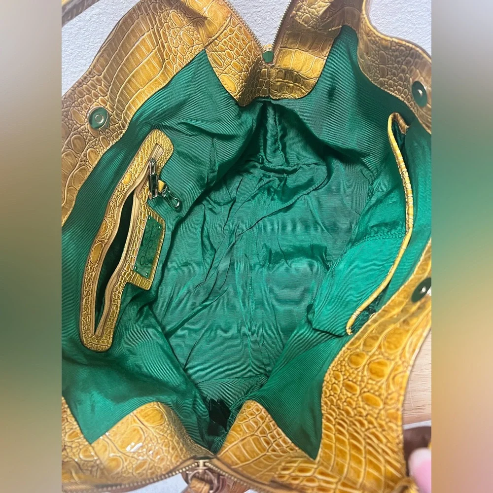 Jessica Simpson Yellow Crocodile-Embossed Signature XL Tote with Emerald Lining